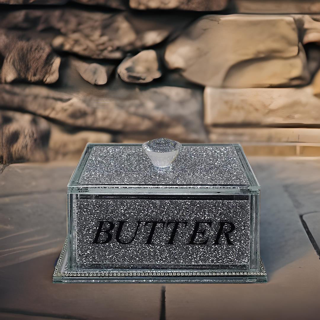 crystal butter dish, crushed diamond butter dish