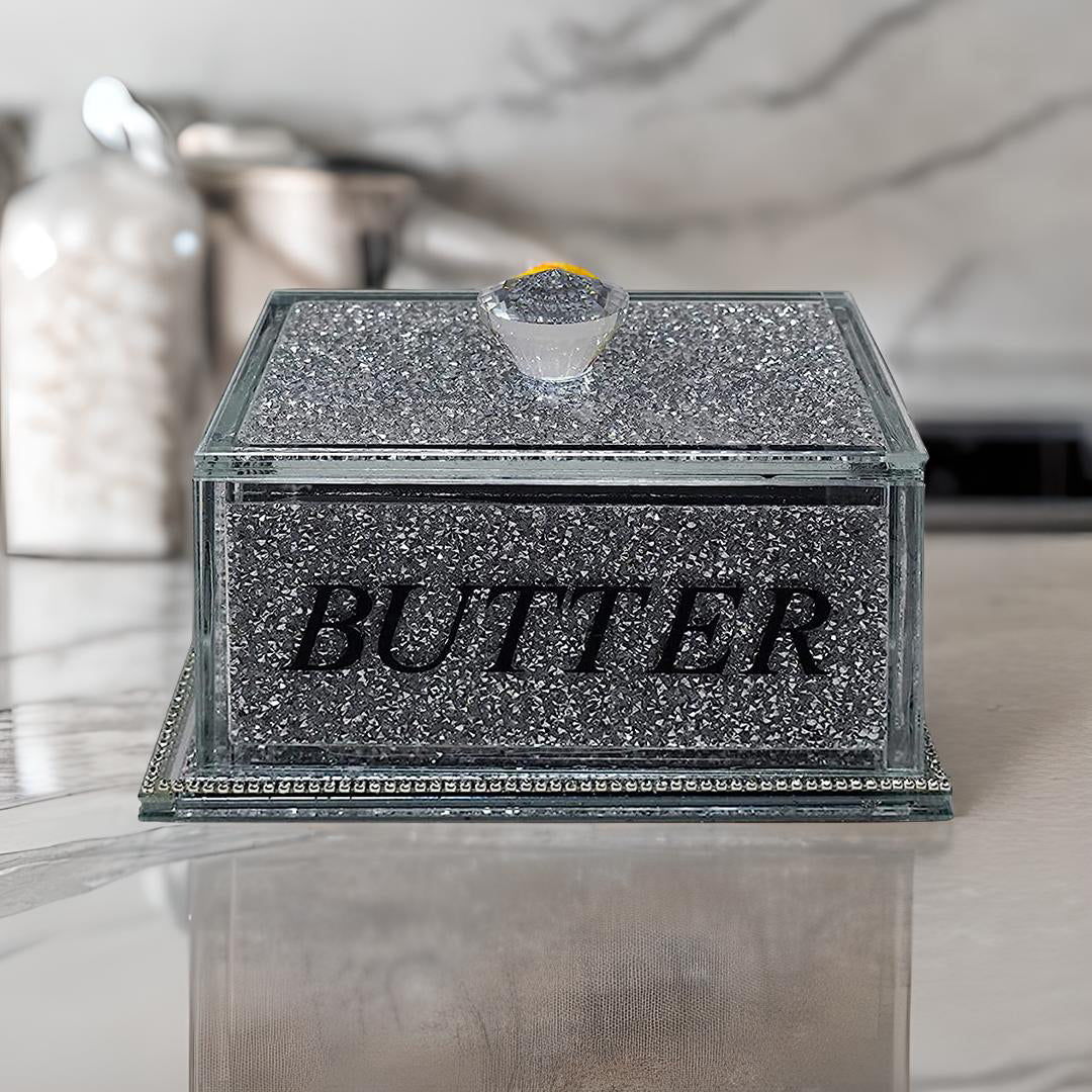 crystal butter dish, crushed diamond butter dish