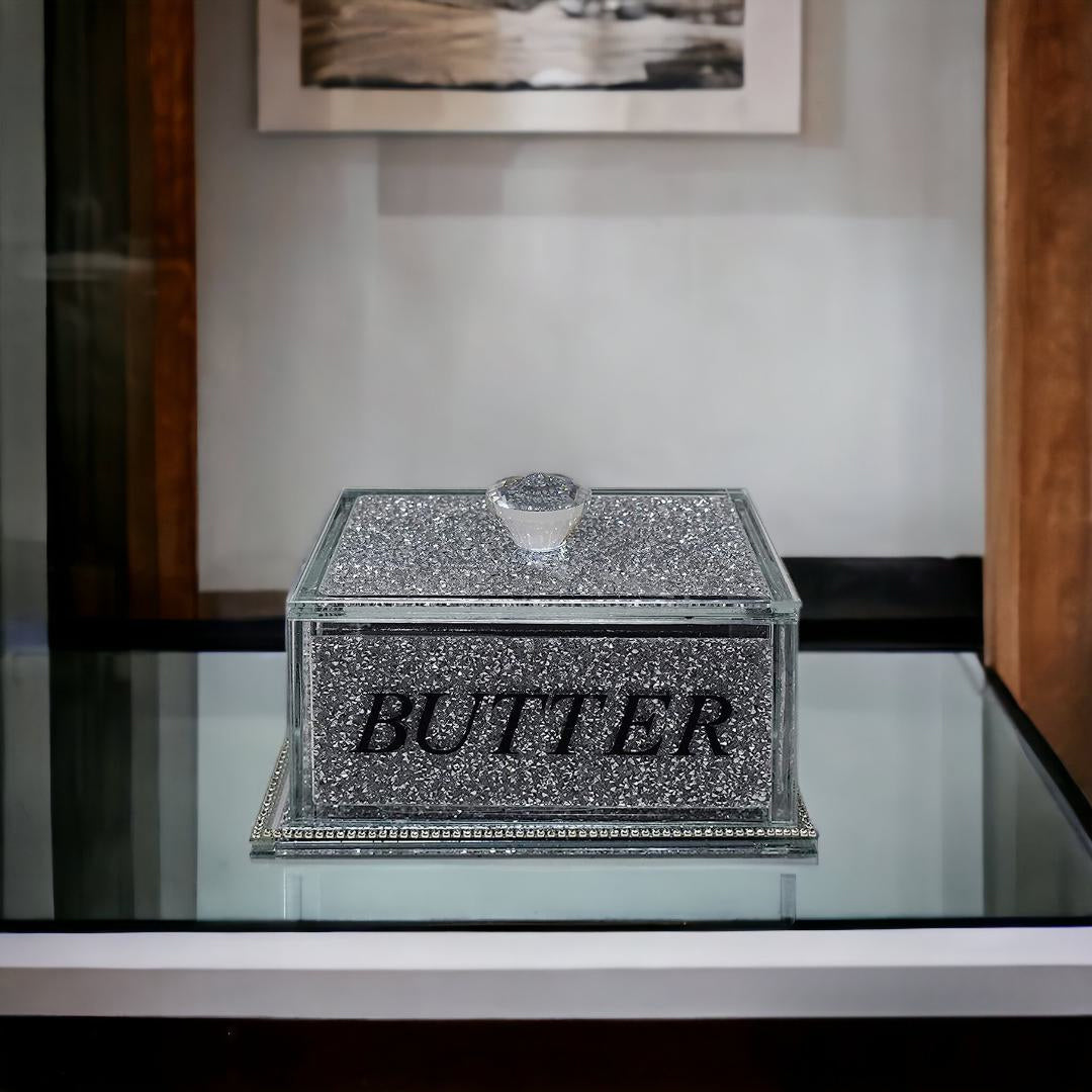 crystal butter dish, crushed diamond butter dish