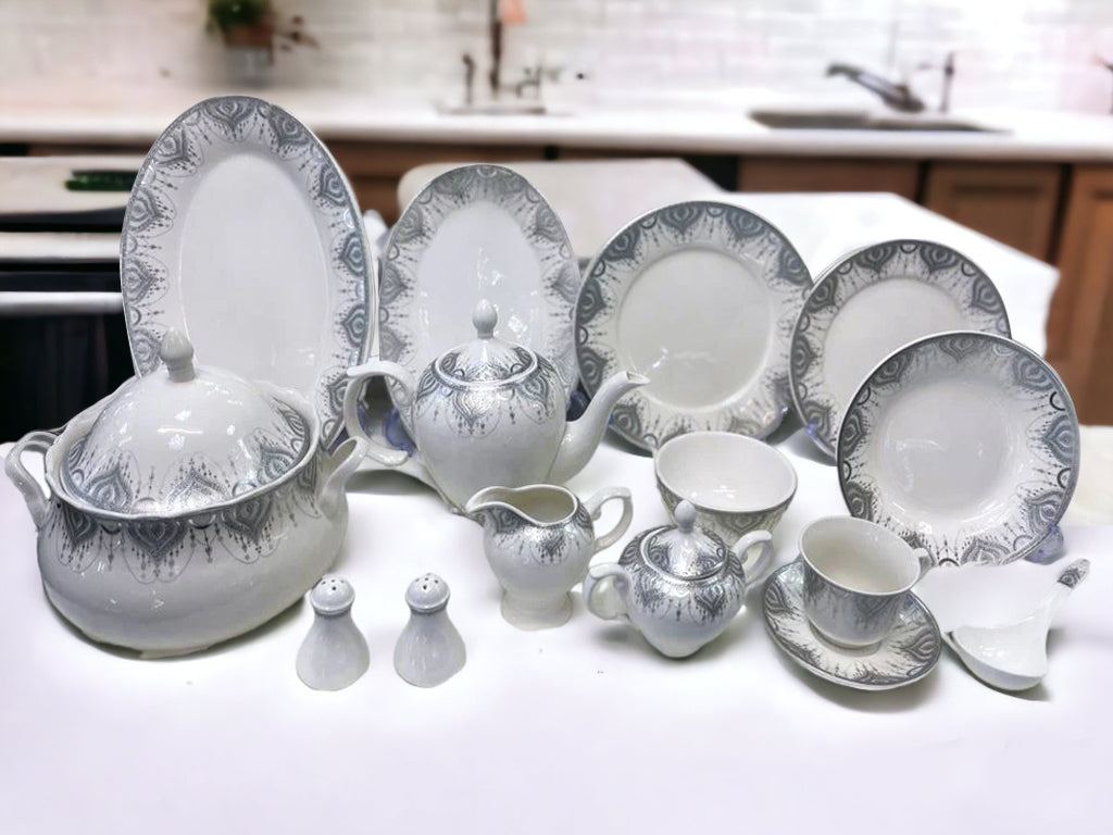 white dinner set, grey dinner set, white and grey dinner set