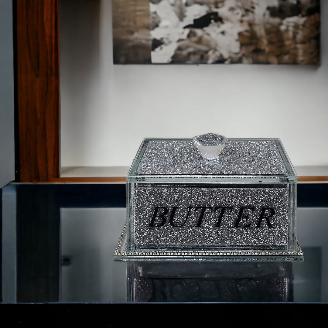 crystal butter dish, crushed diamond butter dish