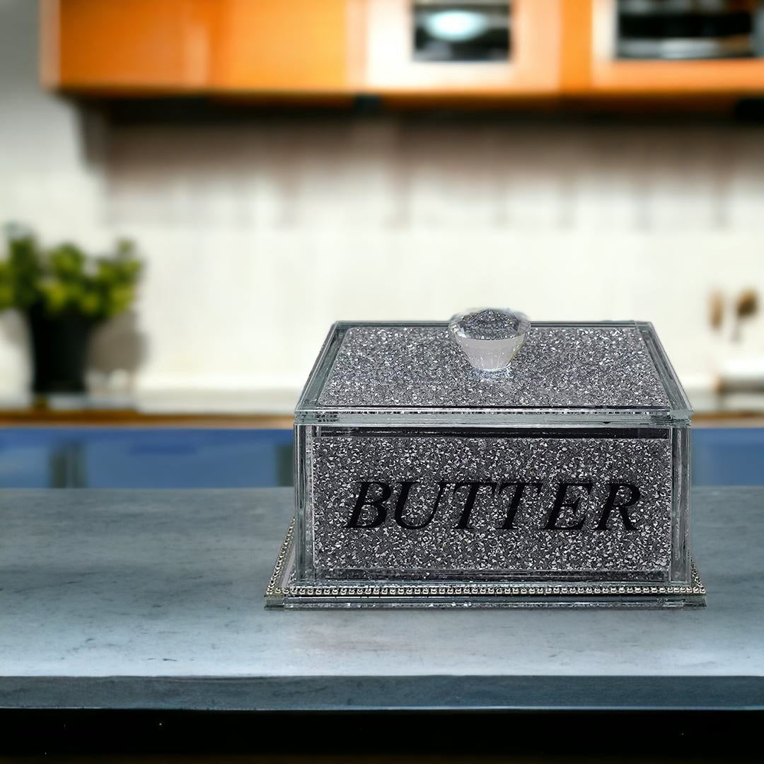 crystal butter dish, crushed diamond butter dish