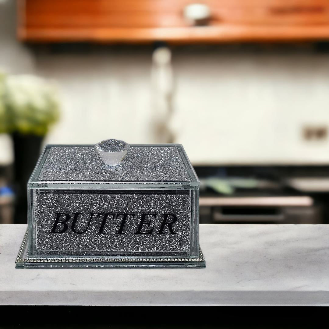 crystal butter dish, crushed diamond butter dish