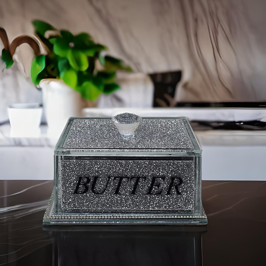 crystal butter dish, crushed diamond butter dish