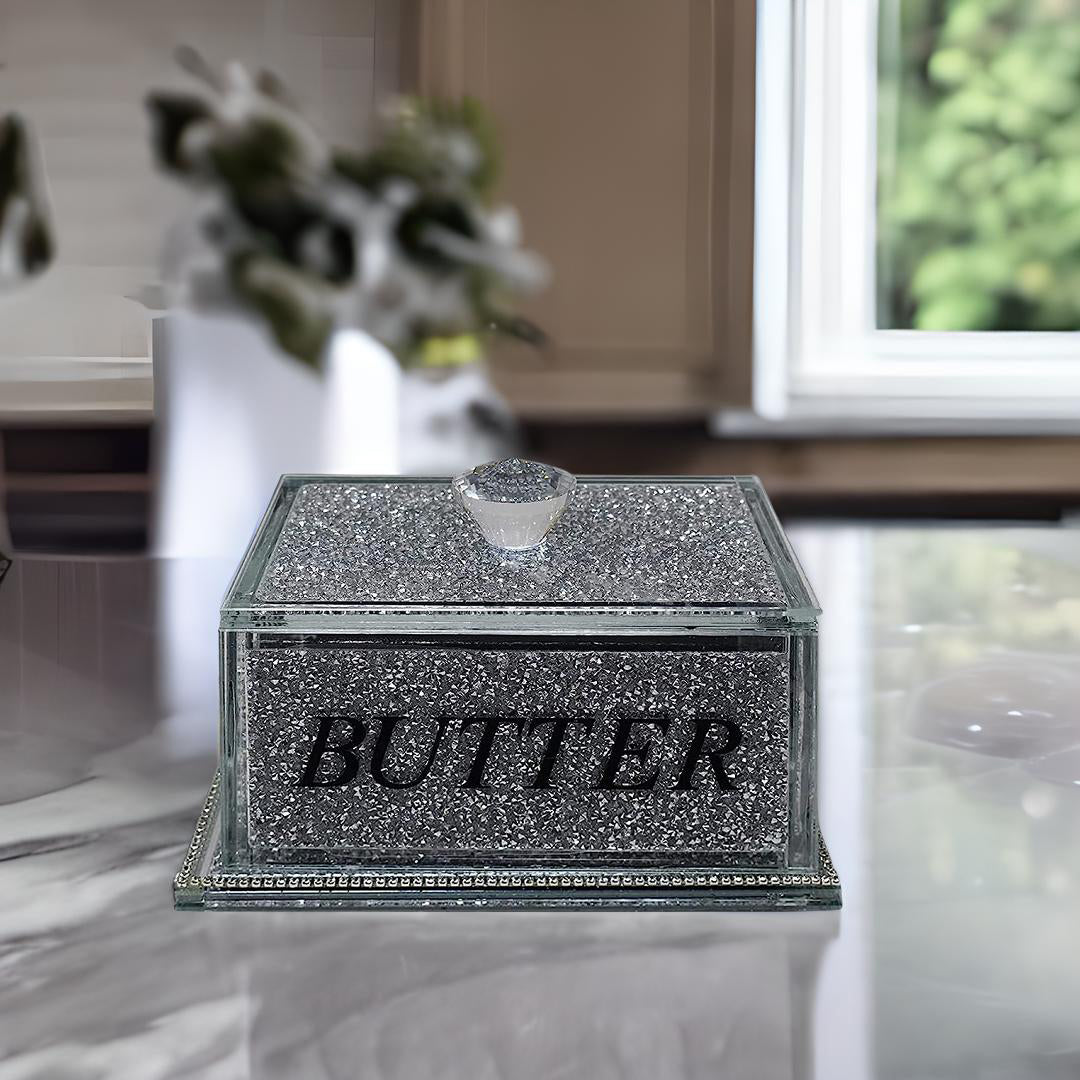 crystal butter dish, crushed diamond butter dish