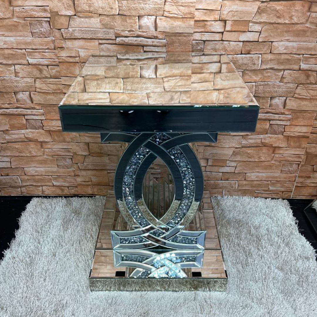 crystal mirror table, crystal mirrored console table, crystal mirrored side table 