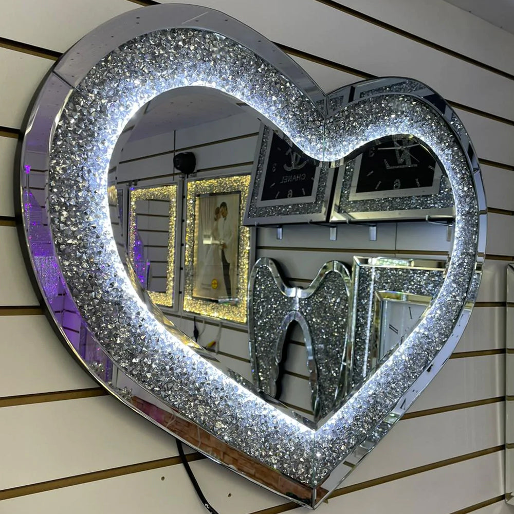 heart shaped wall mirror, led wall mirror, diamond wall mirror, diamond crush wall mirror