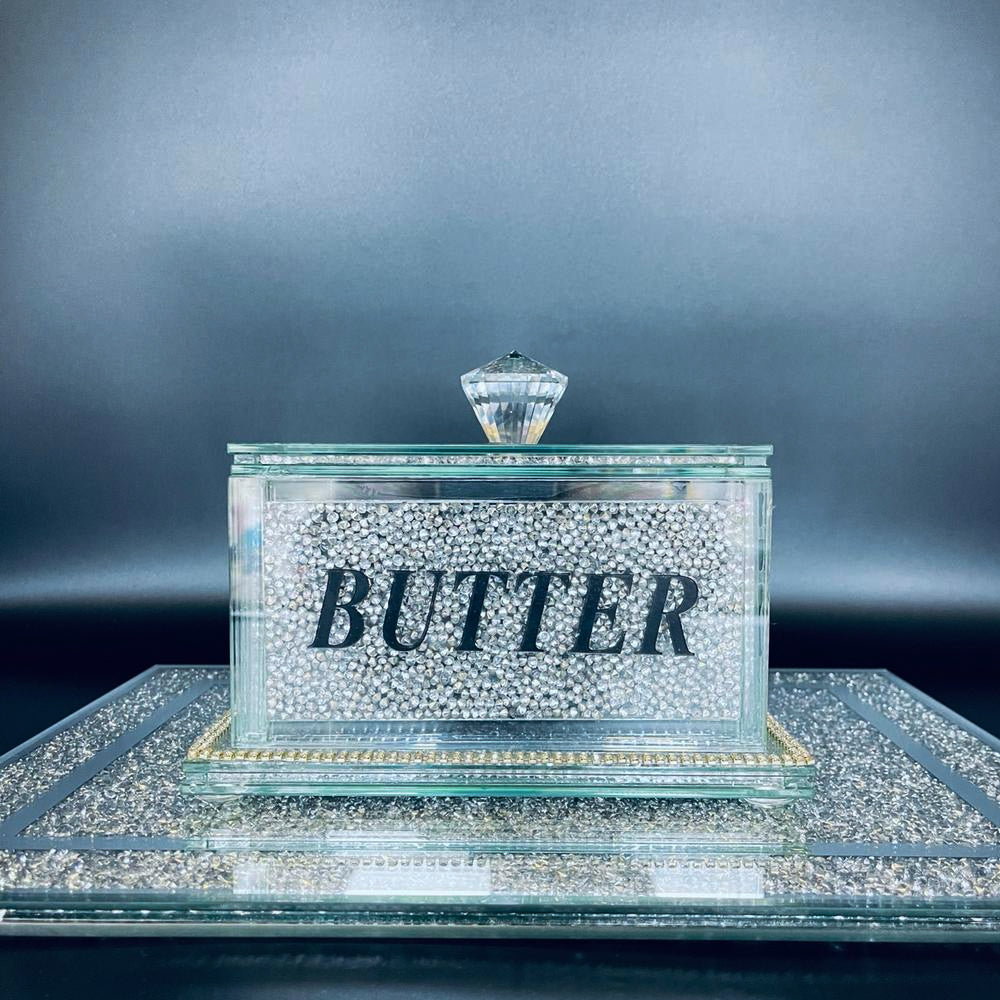 crystal butter dish, crushed diamond butter dish