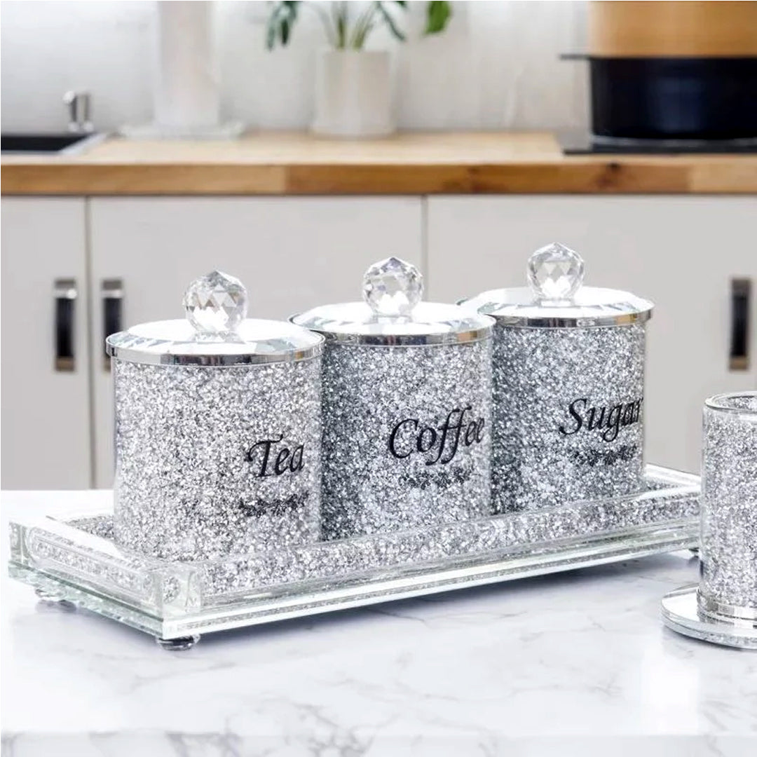 4pcs Medium Diamond Crushed Tea Sugar Coffee Set With Diamond Tray