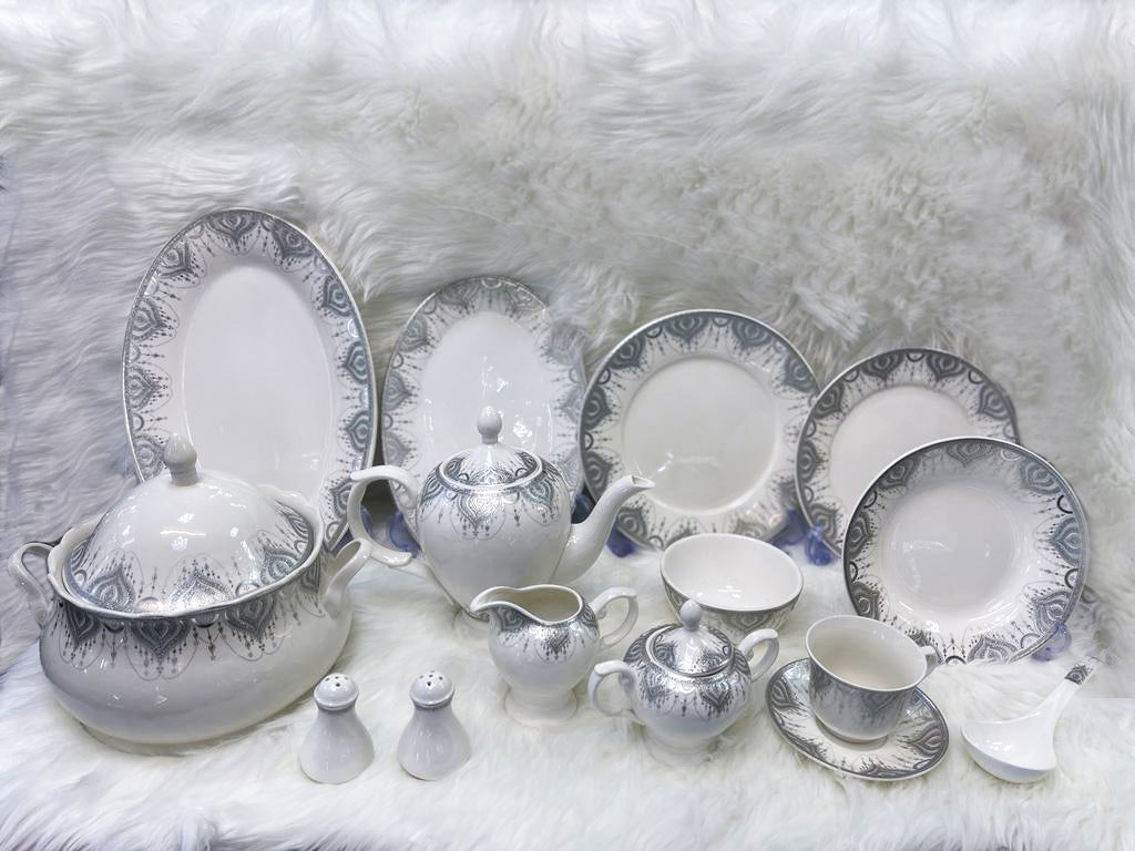 white dinner set, grey dinner set, white and grey dinner set