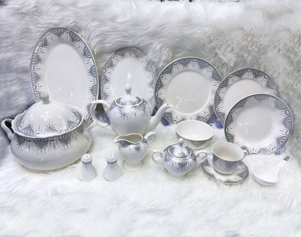 white dinner set, grey dinner set, white and grey dinner set