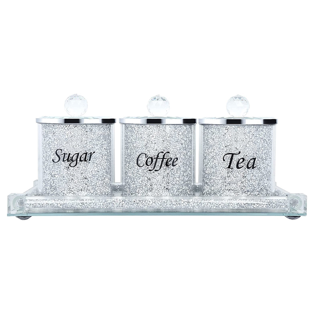 4pcs Medium Diamond Crushed Tea Sugar Coffee Set With Diamond Tray