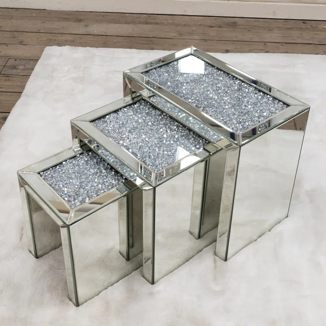 mirrored nest of tables, mirrored nesting tables, crushed diamond mirrored nest of tables