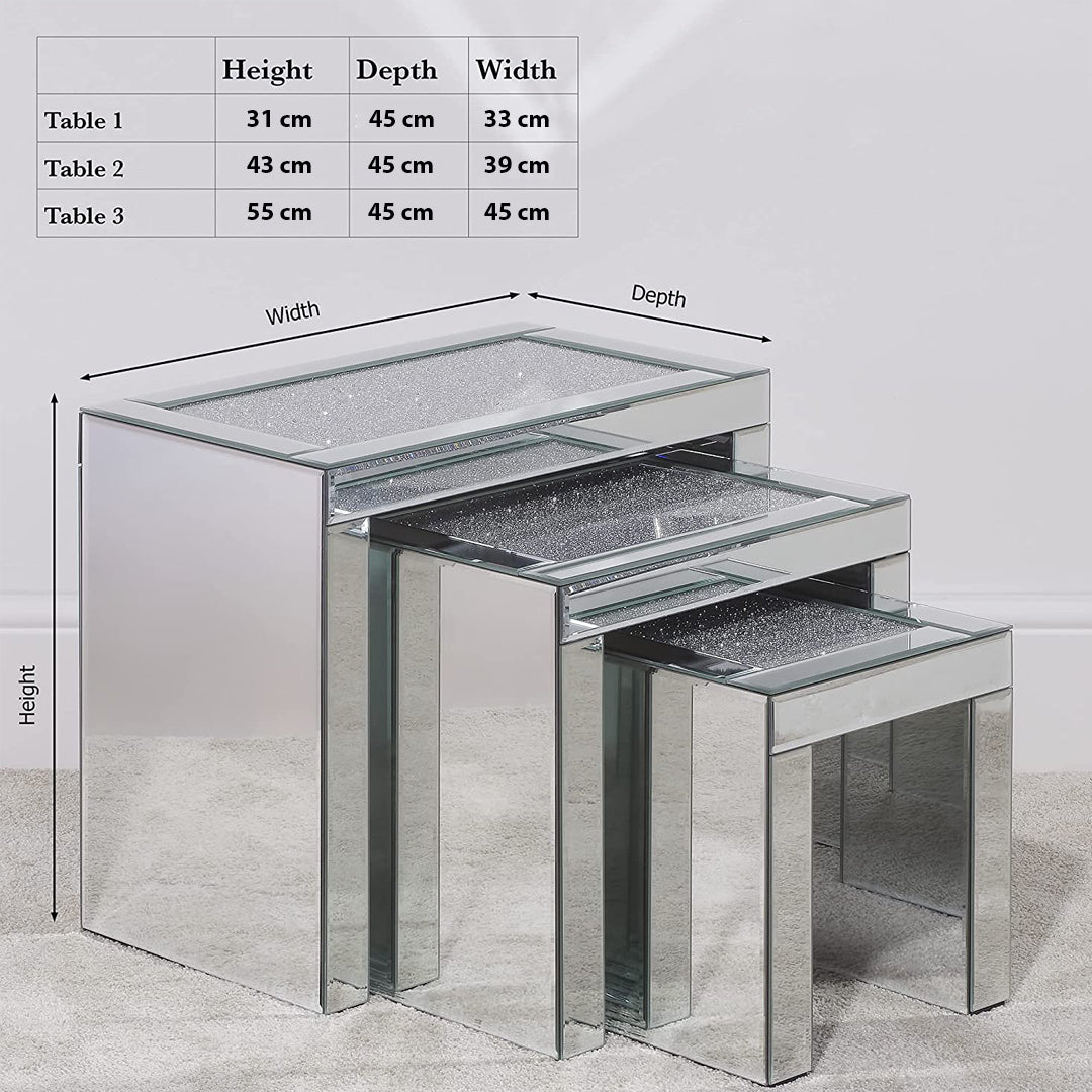 mirrored nest of tables, mirrored nesting tables, crushed diamond mirrored nest of tables