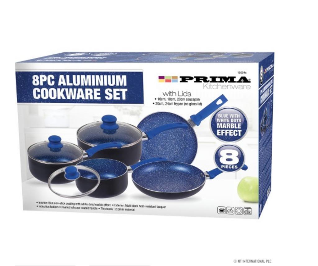 8pc Aluminium Cookware Set in Blue Marble Effect