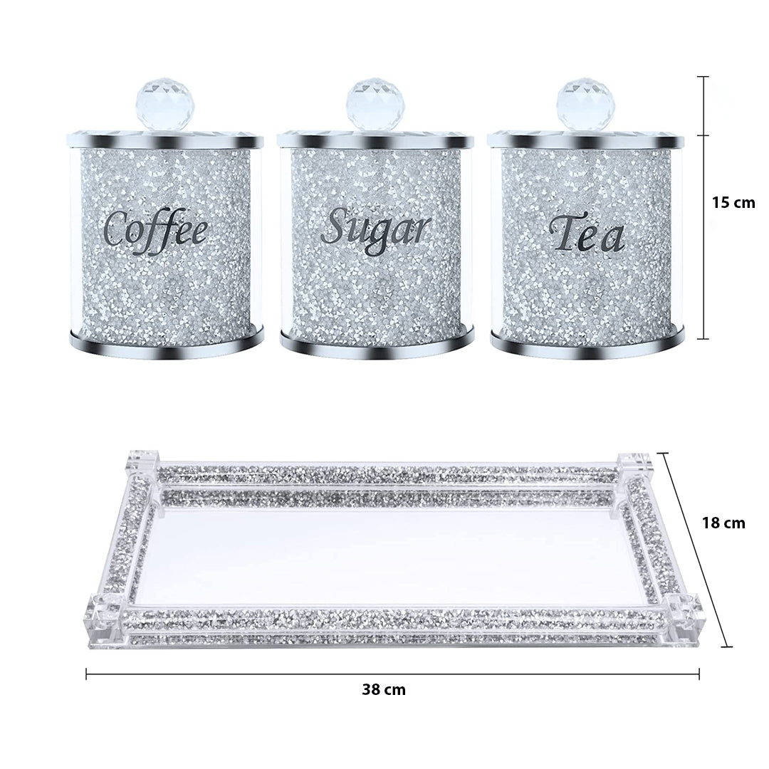 4pcs Medium Diamond Crushed Tea Sugar Coffee Set With Diamond Tray