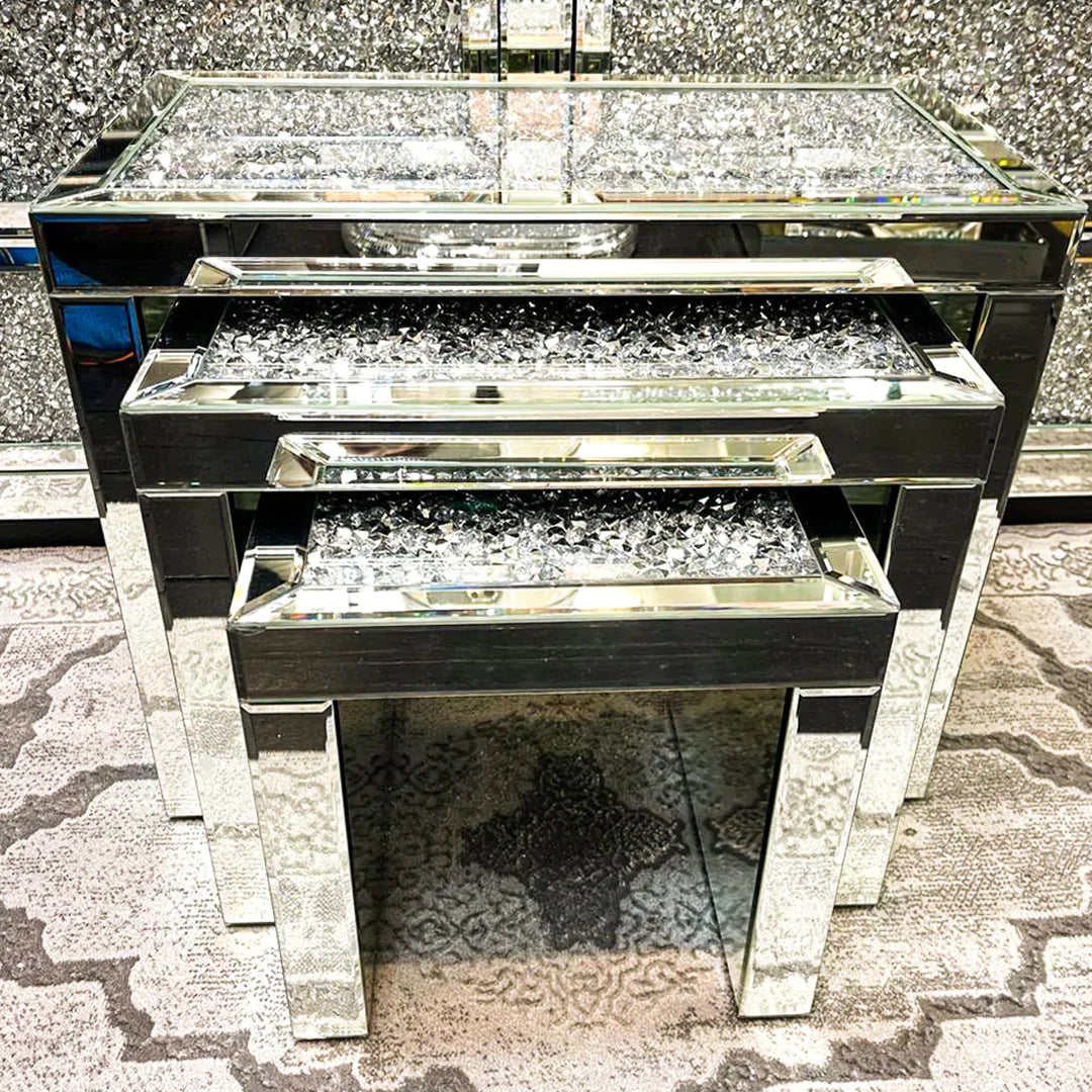 mirrored nest of tables, mirrored nesting tables, crushed diamond mirrored nest of tables