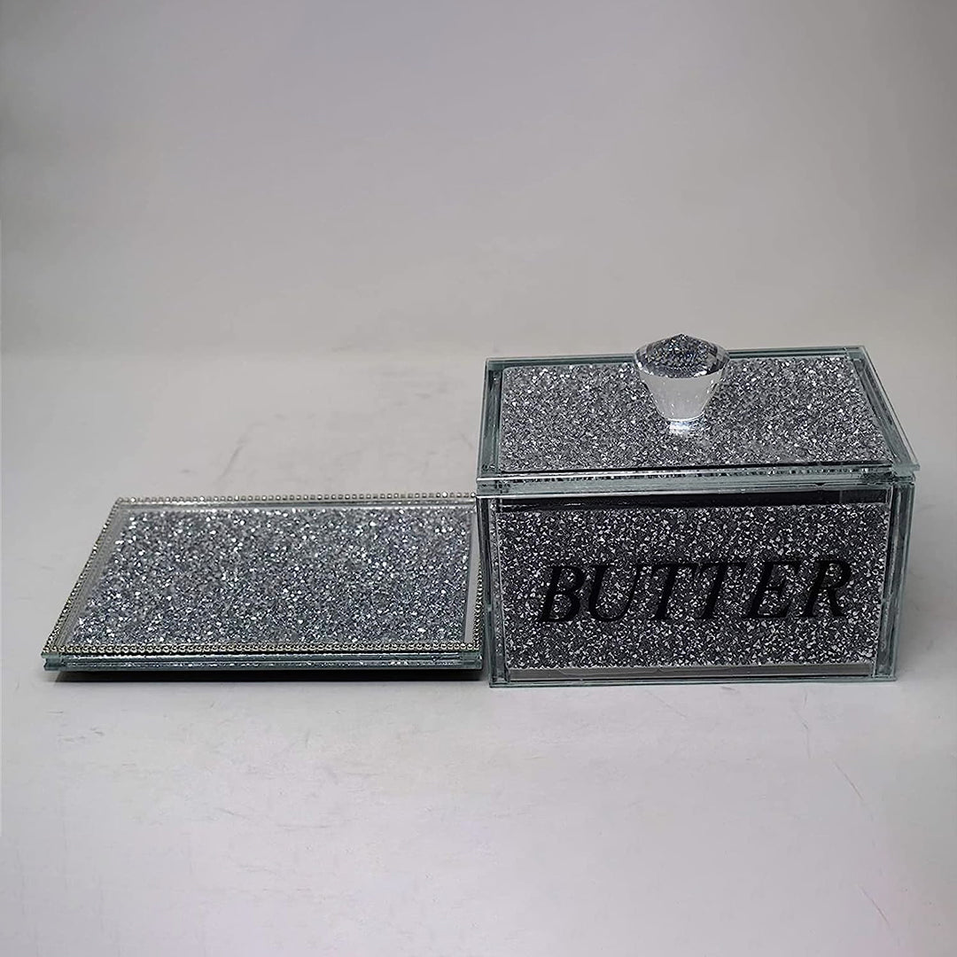 crystal butter dish, crushed diamond butter dish