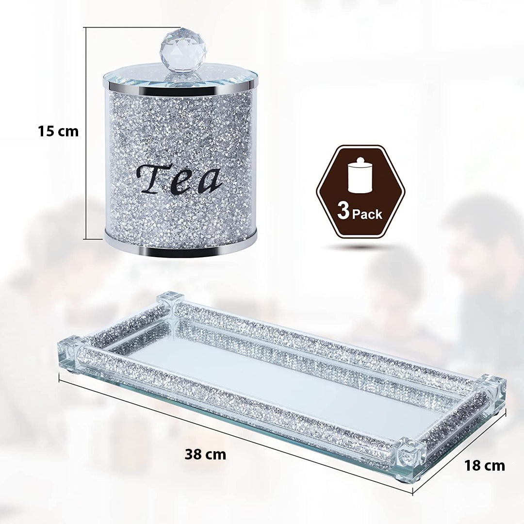 4pcs Medium Diamond Crushed Tea Sugar Coffee Set With Diamond Tray